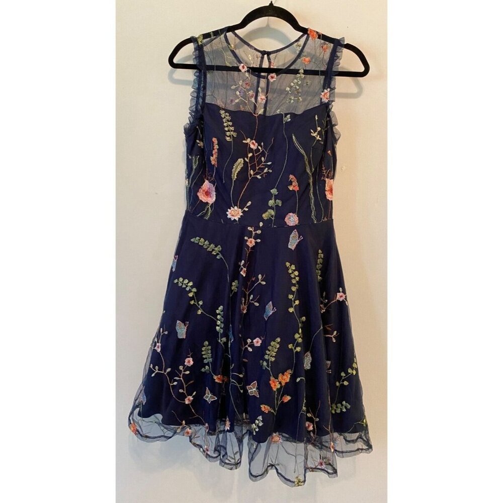 Morgan & Co Navy Blue Embroidered Floral Sleeveless Illusion Neckline Short 7